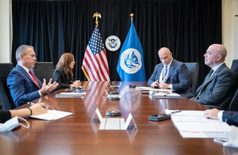  Israeli ambassador to the US Gilad Erdan and Secretary of Homeland Security Alejandro Mayorkas meet. (photo credit: ISRAELI DELEGATION TO THE UN)