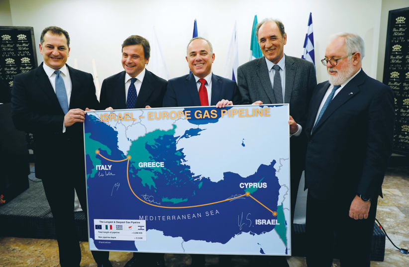 THEN-ENERGY MINISTER Yuval Steinitz (center) with his counterparts from Greece, Cyprus and the EU, and Italy’s minister of economic development, in Tel Aviv in 2017. (photo credit: AMIR COHEN/REUTERS)