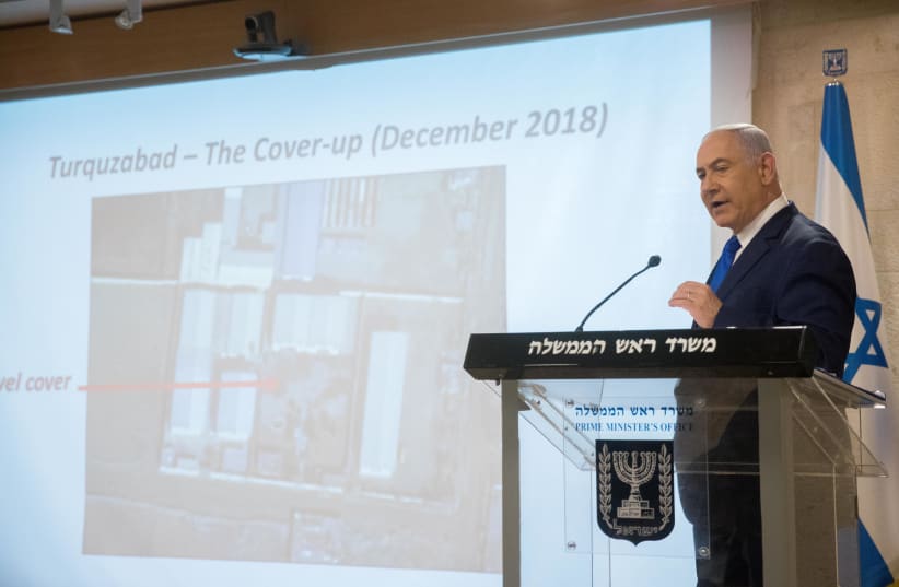  THEN-PRIME MINISTER Benjamin  Netanyahu delivers a statement to the  press regarding the Iranian nuclear  program, September 2019. (photo credit: YONATAN SINDEL/FLASH90)