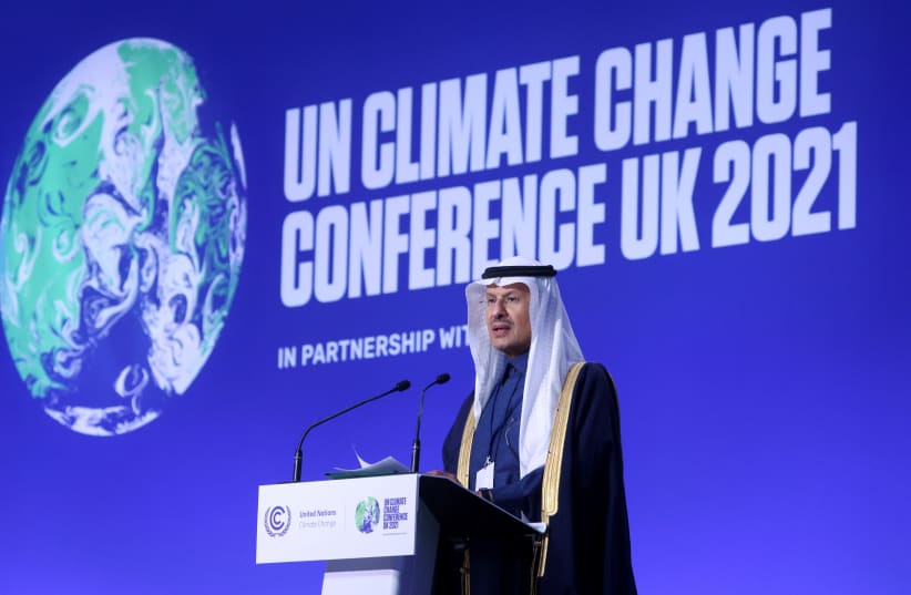 Saudi Energy Minister, Prince Abdulaziz bin Salman bin Abdulaziz Al Saud speaks during the UN Climate Change Conference (COP26), in Glasgow, Scotland, Britain, November 10, 2021. (photo credit: YVES HERMAN/REUTERS)