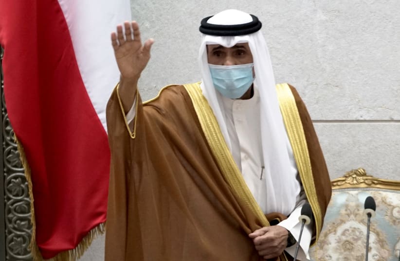  Kuwait's new Emir Nawaf al-Ahmad al-Sabah gestures as he takes the oath of office at the parliament, in Kuwait City, Kuwait September 30, 2020. (photo credit: REUTERS/STEPHANIE MCGEHEE/FILE PHOTO)