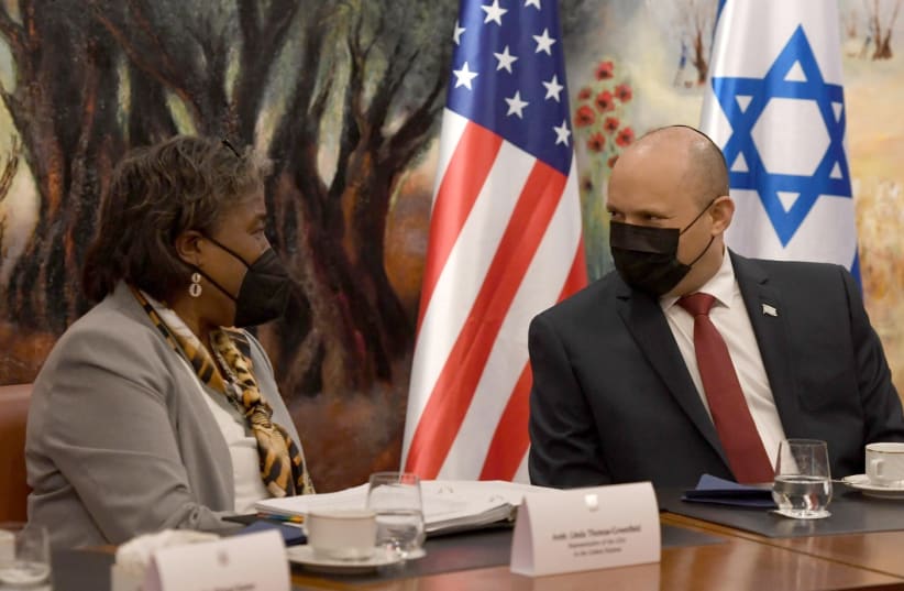  Prime Minister Naftali Bennett with US Ambassador to the UN Linda Thomas-Greenfield, November 15, 2021.  (photo credit: CHAIM TZACH/GPO)