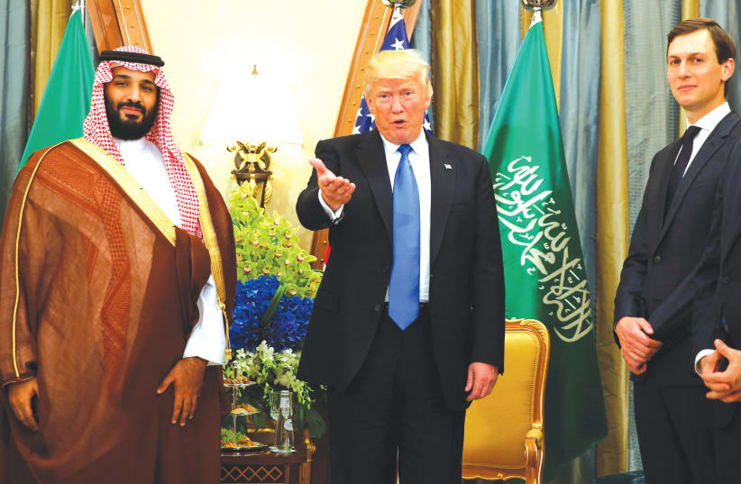  THEN-US PRESIDENT Donald Trump, flanked by White House senior adviser Jared Kushner, meets with Saudi Arabia’s Crown Prince Mohammed bin Salman in Riyadh in 2017. (photo credit: JONATHAN ERNST/REUTERS)