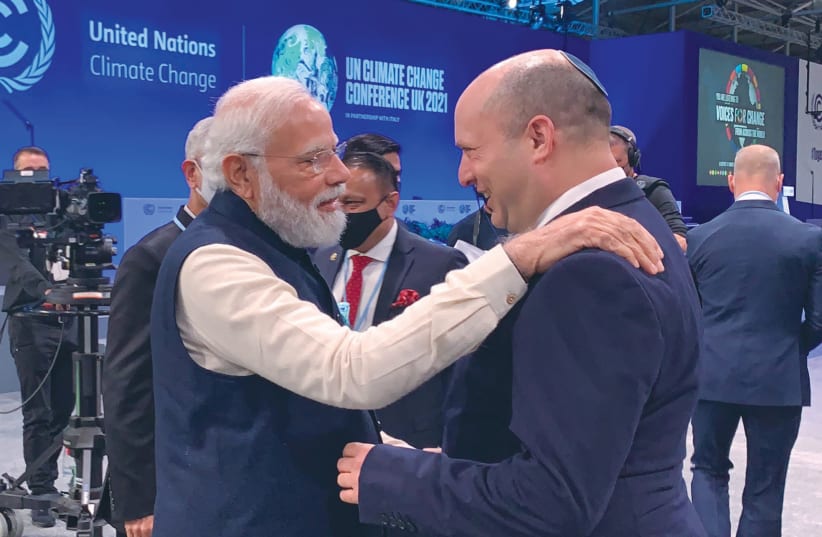  PRIME MINISTER Naftali Bennett with his Indian counterpart Narendra Modi at the COP26 conference in Glasgow earlier this month. (photo credit: GPO)