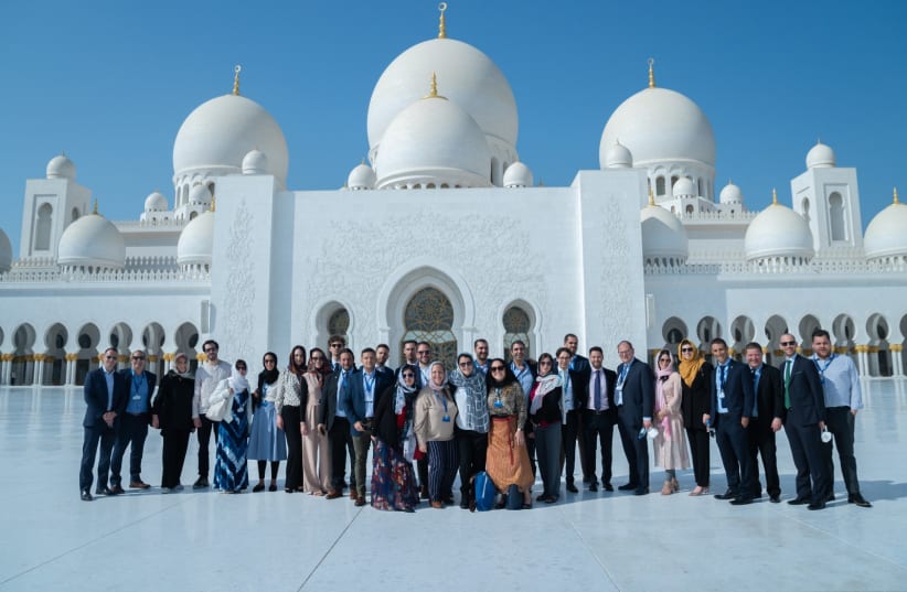  A delegation of the WJC Jewish Diplomatic Corps in front of the Sheikh Zayed Grand Mosque in Abu Dhabi. (photo credit: WORLD JEWISH CONGRESS)