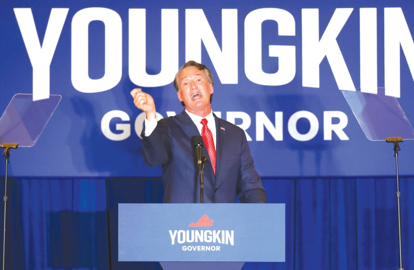 VIRGINIA GOVERNOR-ELECT Glenn Youngkin addresses an election night event last month. (photo credit: JONATHAN ERNST/REUTERS)