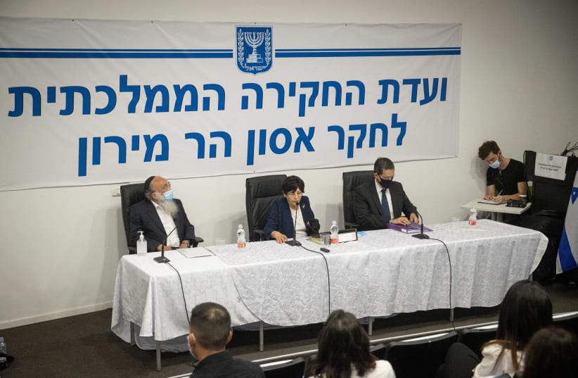  Members of the Meron disaster commission (L-R) former Bnei Brak mayor Rabbi Mordechai Karelitz, Commission chair and former chief justice Miriam Naor and former IDF planning chief Maj. Gen. (res.) Shlomo Yanai seen during the Meron Disaster Inquiry Committee, in Jerusalem, on August 22, 2021.  (photo credit: YONATAN SINDEL/FLASH90)