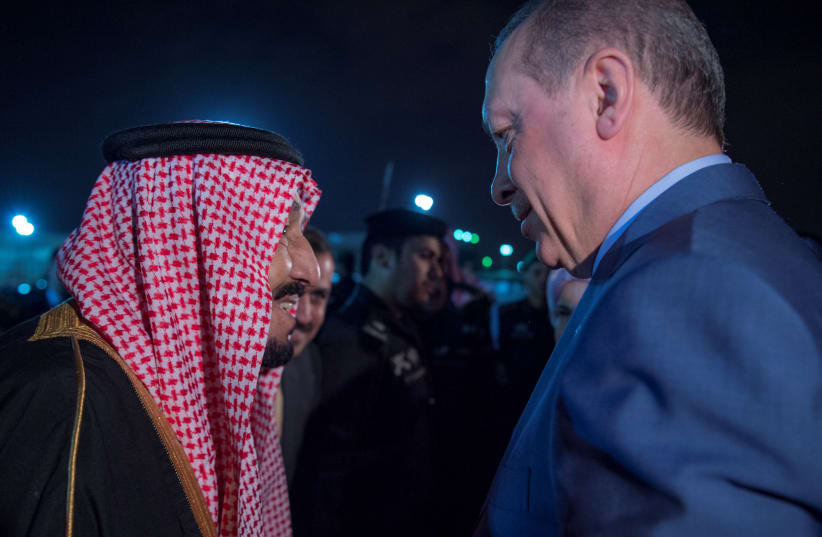  Saudi King Salman welcomes Turkish President Erdogan to Riyadh on February 13, 2017 (photo credit: REUTERS)