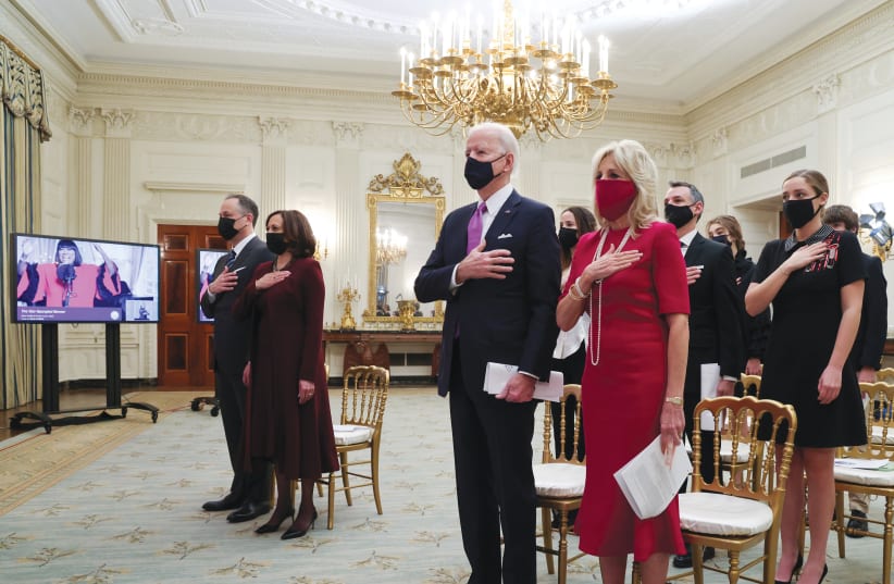  US PRESIDENT Joe Biden, First Lady Dr. Jill Biden, Vice President Kamala Harris and Second Gentleman Doug Emhoff participate remotely in a virtual Presidential Inaugural Prayer Service at the White House on January 21. (photo credit: REUTERS/JONATHAN ERNST)