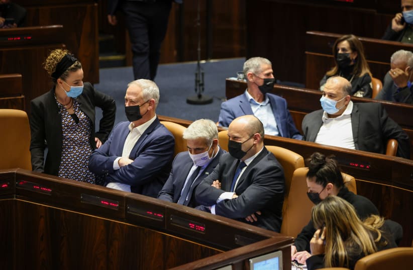From left to right: MK Idit Silman (Yamina), Defense Minister Benny Gantz, Foreign Minister Yair Lapid and Prime Minister Naftali Bennett (photo credit: KNESSET SPOKESWOMAN - NOAM MOSKOWITZ)