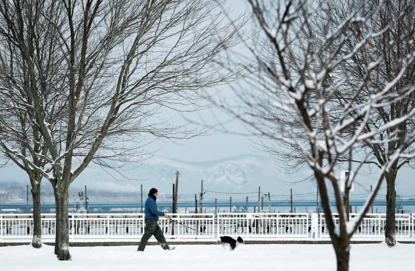  A man walks a dog along the Hudson River after a winter storm dropped several inches of new snow to the Northeast United States, in Piermont, New York, US, January 7, 2022. (photo credit: REUTERS/MIKE SEGAR)