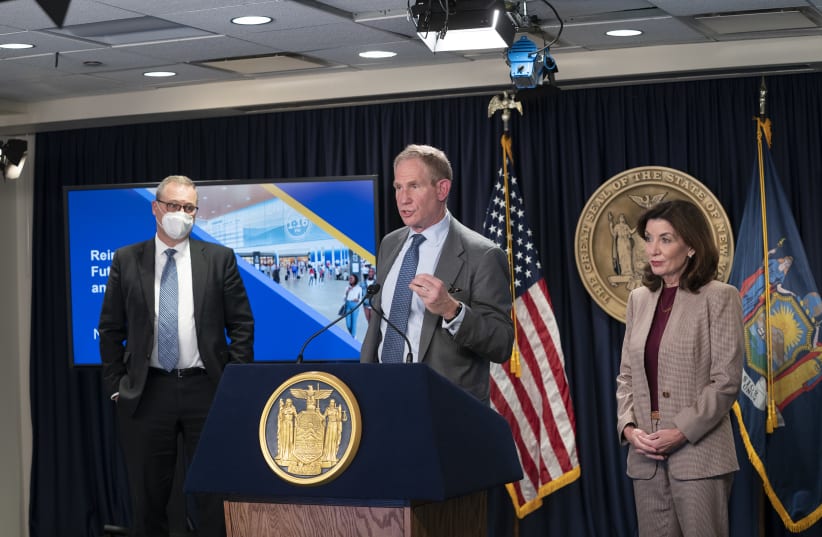  Janno Lieber, MTA acting chairperson and CEO, speaks at a press briefing at the New York City office of Gov. Kathy Hochul, right, on Nov. 3, 2021. (photo credit: LEV RADIN/PACIFIC PRESS/LIGHTROCKET VIA GETTY IMAGES)