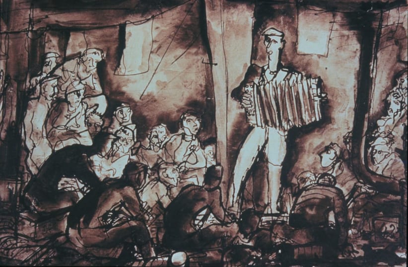  Detail from "Entertainment," a drawing of the Terezín concentration camp by Bedřich Fritta, from 1943. Collection of Thomas Fritta Haas. (photo credit: Mark Ludwig)