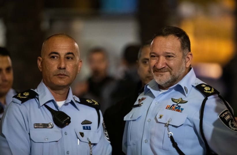 Israel Police Chief Kobi Shabtai and head of Jerusalem police district Doron Turgeman meet with press near the Damascus gate, following the recent days of clashes between jewish right-wing extremists and Palestinians, April 24, 2021 (photo credit: YONATAN SINDEL/FLASH90)