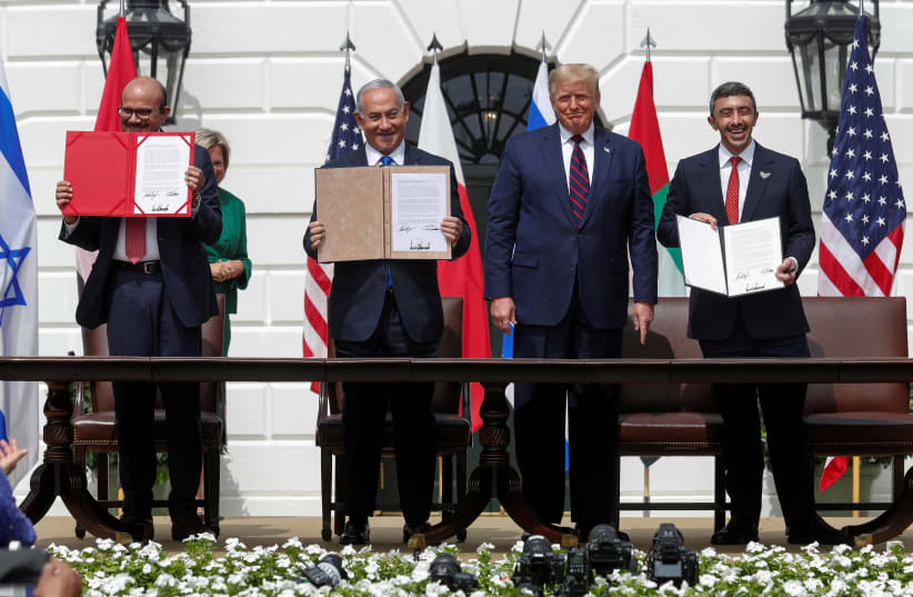  Signing of the Abraham Accords at the White House in May 2020. (photo credit: REUTERS/TOM BRENNER)