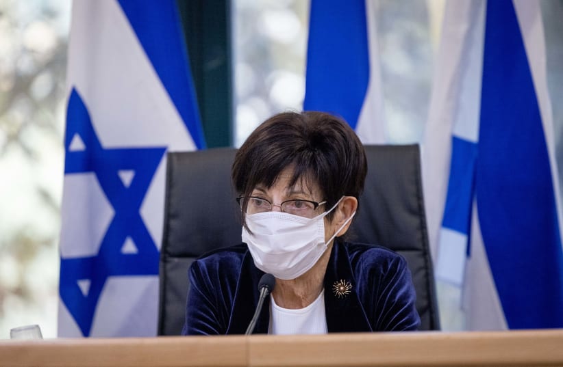 Commission chair and former chief justice Miriam Naor seen during the Meron Disaster Inquiry Committee, in Jerusalem, on December 14, 2021.  (photo credit: YONATAN SINDEL/FLASH90)