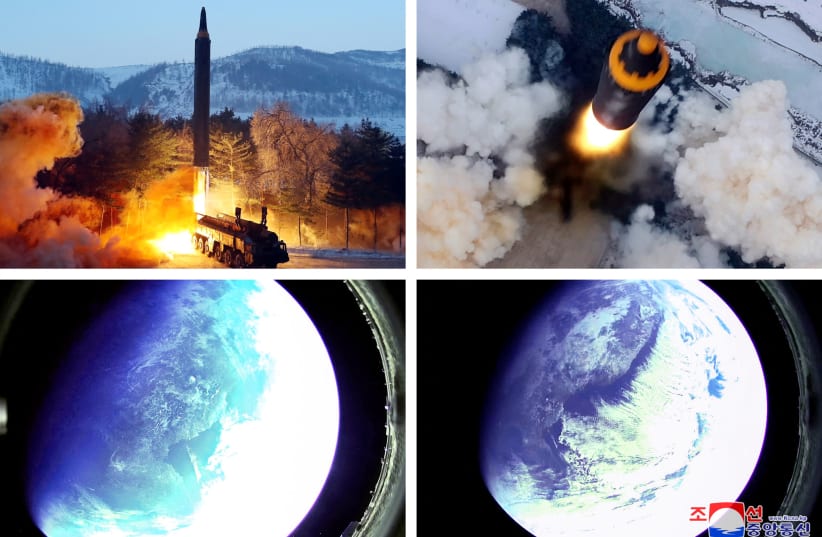  A combination image shows what appears to be a Hwasong-12 "intermediate and long-range ballistic missile" test, along with pictures reportedly taken from outer space with a camera at the warhead of the missle, in this image released on January 31, 2022. (photo credit: KCNA VIA REUTERS)