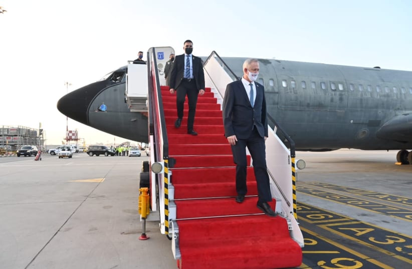  Israel's Defense Minister Benny Gantz is seen arriving in Manama, Bahrain, for a visit, on February 2, 2022. (photo credit: ARIEL HERMONI/DEFENSE MINISTRY)