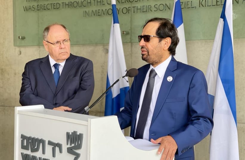 Dr. Ali Al Nuaimi (R), chairman of the Defense Affairs, Interior and Foreign Relations Committee of the UAE Federal National Council, speaks at the Yad Vashem Holocaust memorial and museum in Jerusalem, alongside Yad Vashem Chairman Dani Dayan, Feb. 7, 2022. (photo credit: COURTESY OF DR. ALI'S OFFICE)
