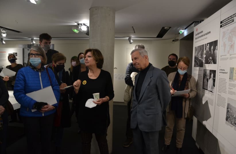  ANDRE KASPI and Catherine Nicault, curators of ‘Diplomats Facing the Shoah’ at the Mémorial de la Shoah in Paris, visit their exposition prior to its official opening. (photo credit:  MEMORIAL DE LA SHOAH)