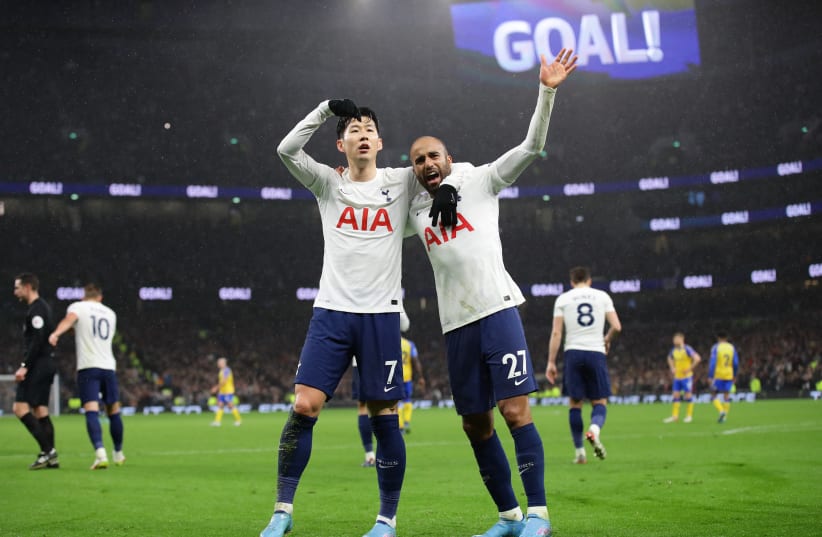 Tottenham Hotspur's Son Heung-min celebrates scoring their second goal with Lucas Moura, Tottenham Hotspur Stadium, London, Britain, February 9, 2022. (photo credit: REUTERS/DAVID KLEIN)