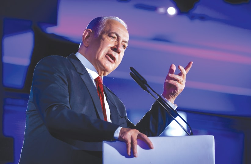  OPPOSITION LEADER Benjamin Netanyahu speaks at the annual Jerusalem Conference of the Besheva Group last week. (photo credit: OLIVIER FITOUSSI/FLASH90)