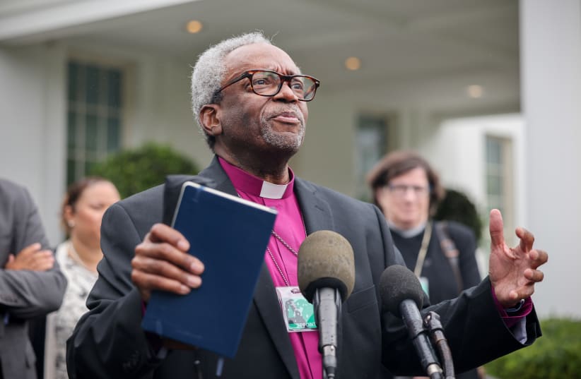  Bishop Michael Curry, Presiding Bishop and Primate of the Episcopal Church, speaks to the media following a meeting between the Circle of Protection, a coalition of Christian denominations, at the White House (photo credit: EVELYN HOCKSTEIN/REUTERS)