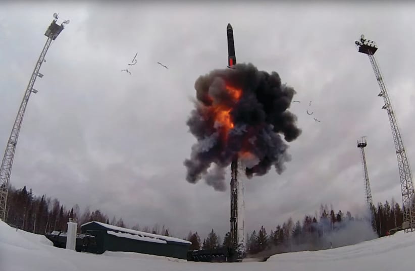  A RUSSIAN Yars intercontinental ballistic missile is launched during exercises by nuclear forces in an unknown Russian location, in this still from video released February 19. (photo credit: RUSSIAN DEFENSE MINISTRY/HANDOUT VIA REUTERS)