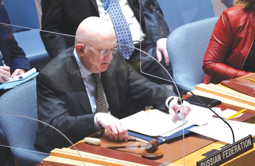  RUSSIA’S AMBASSADOR to the UN, Vasily Nebenzya, attends a meeting of the Security Council on Sunday, at which a vote was taken to hold an emergency special session of the General Assembly to discuss Russia’s invasion of Ukraine. (photo credit: REUTERS/DAVID 'DEE' DELGADO)