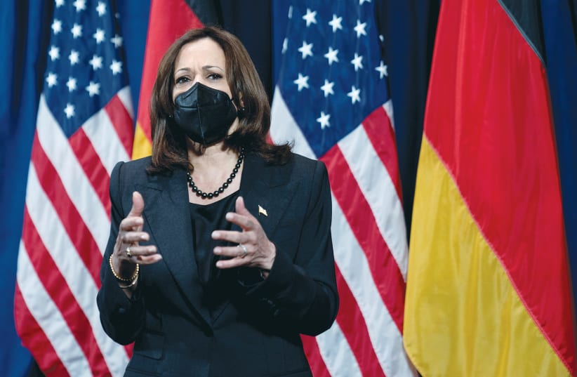  US VICE President Kamala Harris speaks to members of the media after attending the Munich Security Conference last month. (photo credit: Andrew Harnik/Reuters)