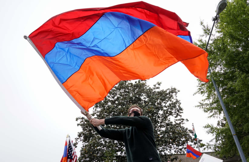  Members of the Armenian diaspora rally in front of the Turkish Embassy (photo credit: REUTERS/JOSHUA ROBERTS)