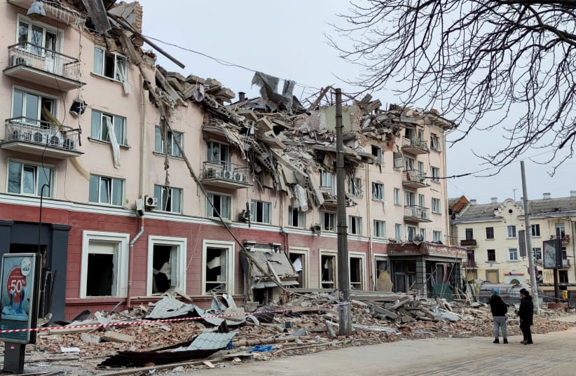  An external view shows hotel ‘Ukraine’ destroyed during an air strike, as Russia's attack on Ukraine continues, in central Chernihiv, Ukraine (photo credit: REUTERS/OLEH HOLOVATENKO)