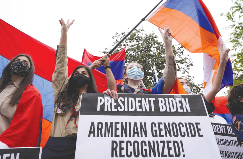  MEMBERS OF the Armenian diaspora rally in front of the Turkish Embassy in Washington after US President Joe Biden recognized last year that the 1915 massacres of Armenians in the Ottoman Empire constituted genocide. (photo credit: JOSHUA ROBERTS/REUTERS)