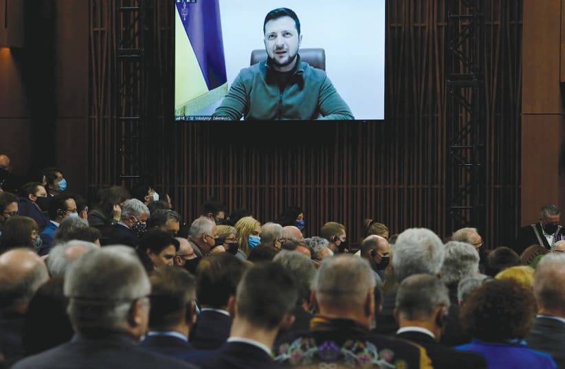  UKRAINE’S PRESIDENT Volodymyr Zelensky addresses the Canadian parliament via video link on Tuesday. (photo credit: REUTERS/PATRICK DOYLE)