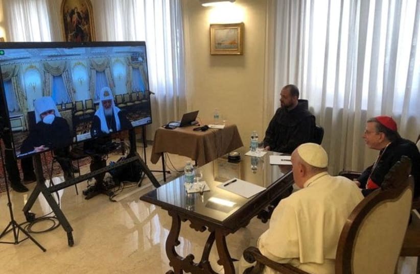  Pope Francis and Russian Orthodox Patriarch Kirill hold a virtual meeting, amid Russia's invasion of Ukraine, at the Vatican, March 16, 2022. (photo credit: VATICAN MEDIA/HANDOUT VIA REUTERS)