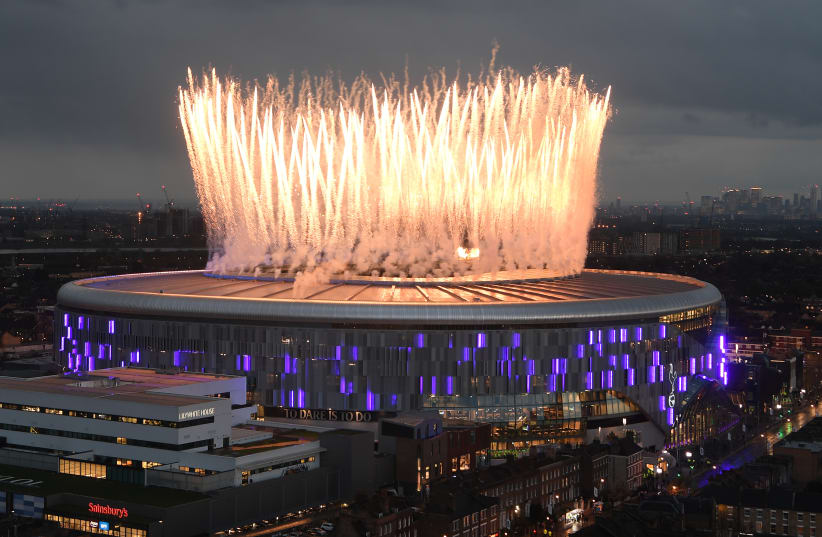 Fireworks explode above the new Tottenham Hotspur Stadium ahead of the Premier League match between Tottenham Hotspur and Crystal Palace at Tottenham Hotspur Stadium on April 03, 2019 in London, United Kingdom.  (photo credit: Photo by Mike Hewitt/Getty Images)