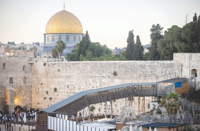  THE MUGHRABI Bridge that leads to the Temple Mount compound with the Western Wall and the Dome of the Rock seen in the background in Jerusalem’s Old City.  (photo credit: YONATAN SINDEL/FLASH90)
