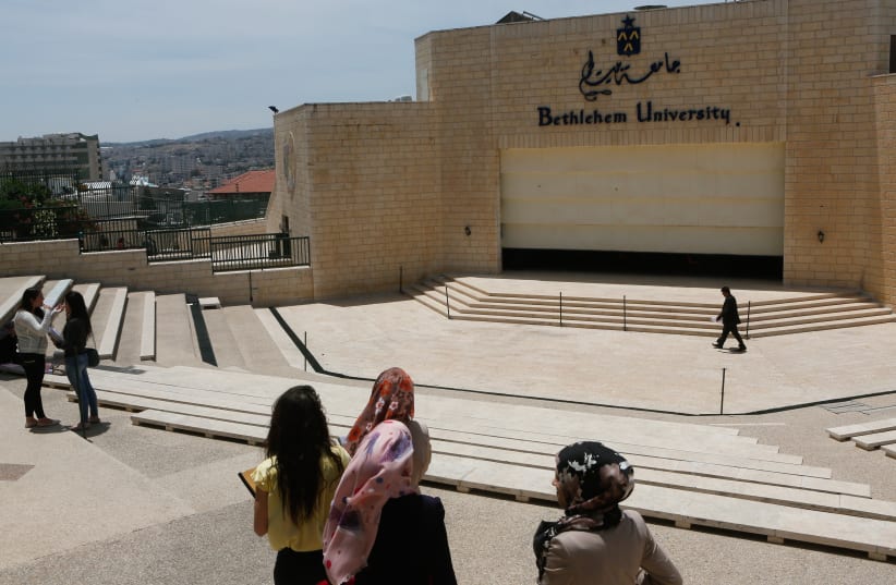  Arab students seen on the campus of the Bethlehem University, a Catholic co-educational institution, in the West Bank city of Bethlehem.  (photo credit: MIRIAM ALSTER/FLASH90)