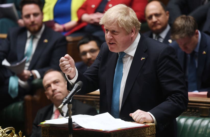  British Prime Minister Boris Johnson speaks during a Prime Minister's Questions session at the House of Commons, in London, Britain, March 23, 2022. (photo credit: UK PARLIAMENT/JESSICA TAYLOR/HANDOUT VIA REUTERS)