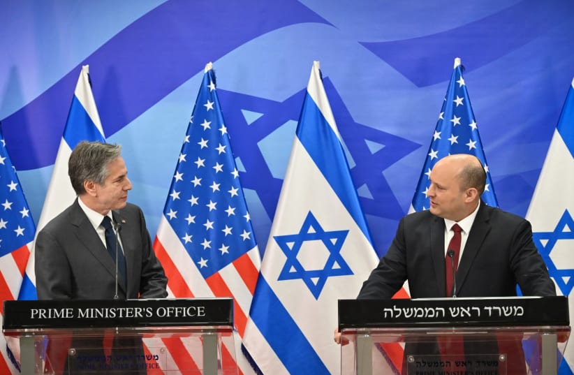 Prime Minister Naftali Bennett and US Secretary of State Antony Blinken at a joint press release, March 27, 2022.  (photo credit: KOBI GIDEON/GPO)
