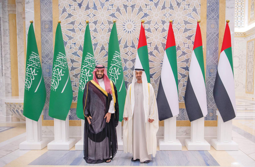  ABU DHABI Crown Prince Sheikh Mohammed bin Zayed Al Nahyan (right) and Saudi Crown Prince Mohammed bin Salman meet in Abu Dhabi, UAE in December. (photo credit: Saudi Royal Court/Reuters)