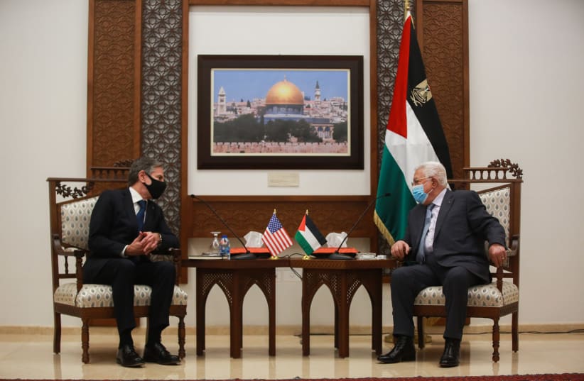 U.S. Secretary of State Antony Blinken meets with Palestinian president Mahmoud Abbas, in the West Bank city of Ramallah, on May 25, 2021 (photo credit: FLASH90)