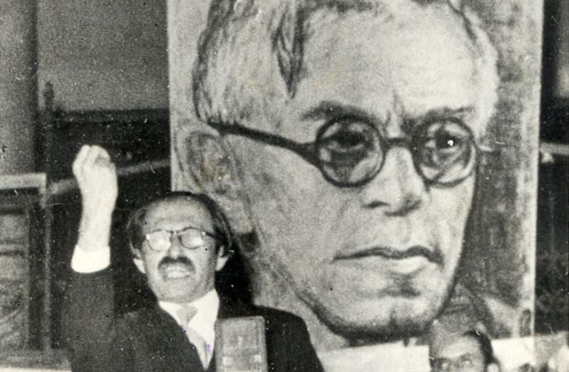  HE ‘WAS very charismatic in a strange way’: The young revolutionary speaks in 1949, in front of a likeness of his mentor, Revisionist Zionist leader Ze’ev Jabotinsky.  (photo credit: JERUSALEM POST ARCHIVE)