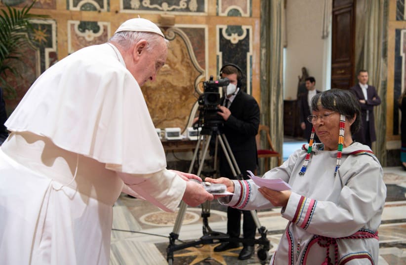  Pope Francis meets indigenous delegations from Canada at the Vatican (photo credit: VATICAN MEDIA/HANDOUT VIA REUTERS)