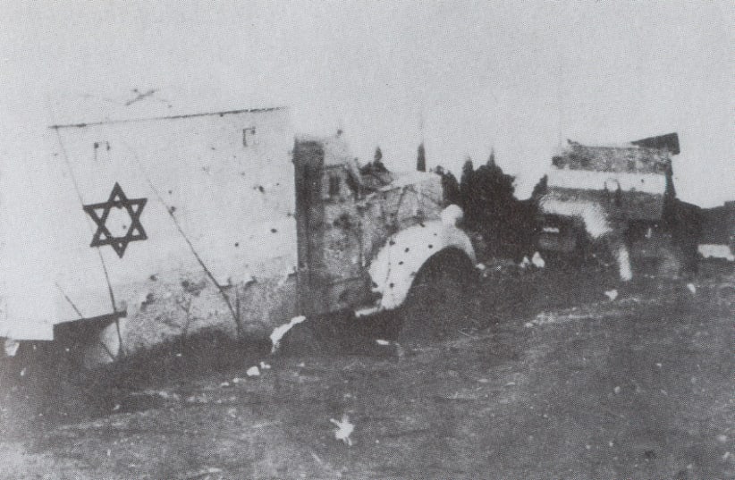  Aftermath of attack on Hadassah convoy, 13 April 1948. (photo credit: Wikimedia Commons)
