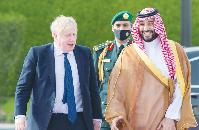  BRITISH PRIME MINISTER Boris Johnson is welcomed to Riyadh by Saudi Crown Prince Mohammed bin Salman last month. MBS must be aware that the Palestinian Authority’s advocacy of the two-state solution is not its real objective.  (photo credit: Saudi Royal Court/Reuters)