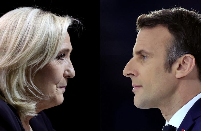  A combination picture shows portraits of Le Pen and Macron running for the second round of the 2022 French Presidential election  (photo credit: REUTERS/SARAH MEYSSONNIER)