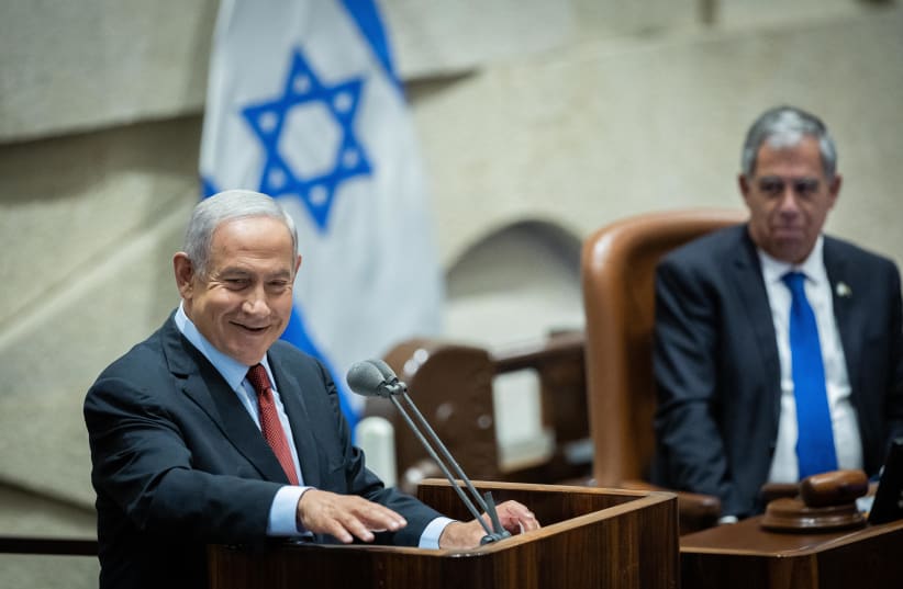 Leader of the Opposition and head of the Likud party Benjamin Netanyahu at the opening of the Knesset summer session in the assembly hall of the Knesset, the Israeli parliament in Jerusalem on May 9, 2022.  (photo credit: YONATAN SINDEL/FLASH90)