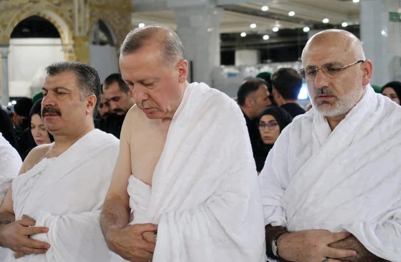  TURKISH PRESIDENT Recep Tayyip Erdogan participates in morning prayers in Mecca’s grand mosque, Saudi Arabia, April 29. (photo credit: Saudi Press Agency via Reuters)
