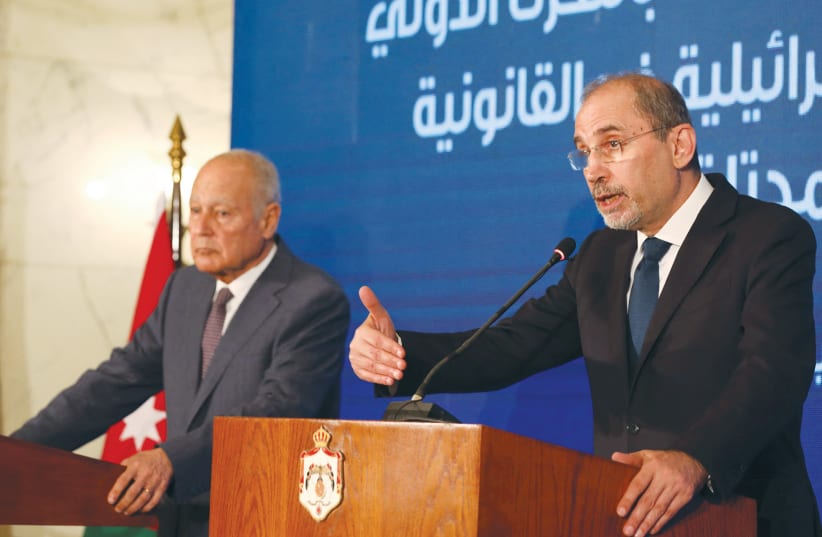  JORDANIAN FOREIGN MINISTER Ayman Safadi speaks at a news conference in Amman last month, with Arab League Secretary-General Ahmed Aboul Gheit at his side. This week, Safadi brazenly declared that Israel has no sovereignty over the Jerusalem holy sites.  (photo credit: Alaa Al Sukhni/Reuters)